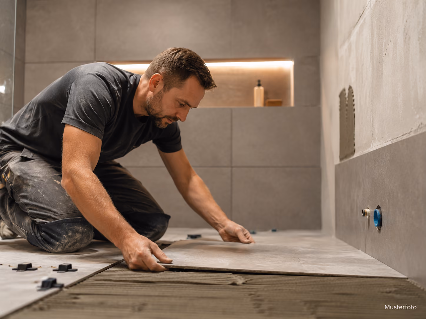 Musterfoto: Handwerker legt eine grossformatige Bodenfliese in das aufgekaemmte Kleberbett, daneben liegen Nivellierkeile.